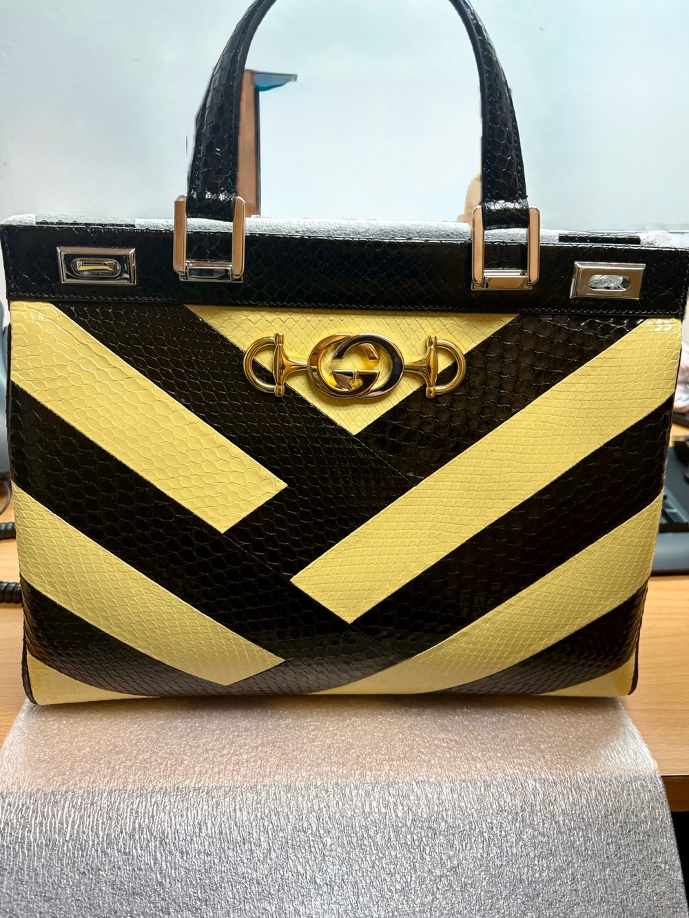Gucci Zumi Python Diagonal Stripe Medium Top Handle Bag.
